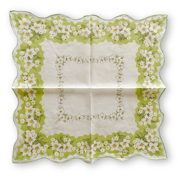 Antique Midcentury Off White Green Scalloped Floral Cotton Linen Handkerchief - Picture 5 of 6